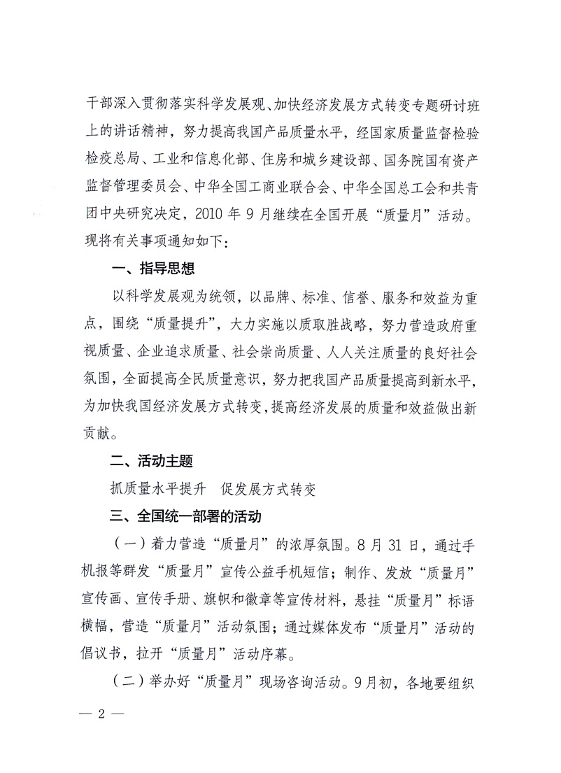 國家質(zhì)量監(jiān)督檢驗檢疫總局、工業(yè)和信息化部、住房和城鄉(xiāng)建設(shè)部、國務(wù)院國有資產(chǎn)監(jiān)督管理委員會、中華全國工商業(yè)聯(lián)合會、中華全國總工會、共青團中央《關(guān)于開展2010年全國&ldquo;質(zhì)量月&rdquo;活動的通知》