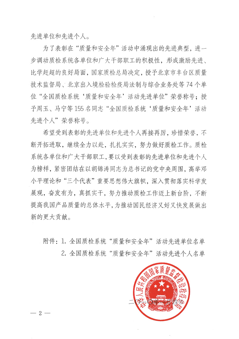 國家質量監督檢驗檢疫總局《關于表彰全國質檢系統&ldquo;質量和安全年&rdquo;活動先進單位和先進個人的決定》